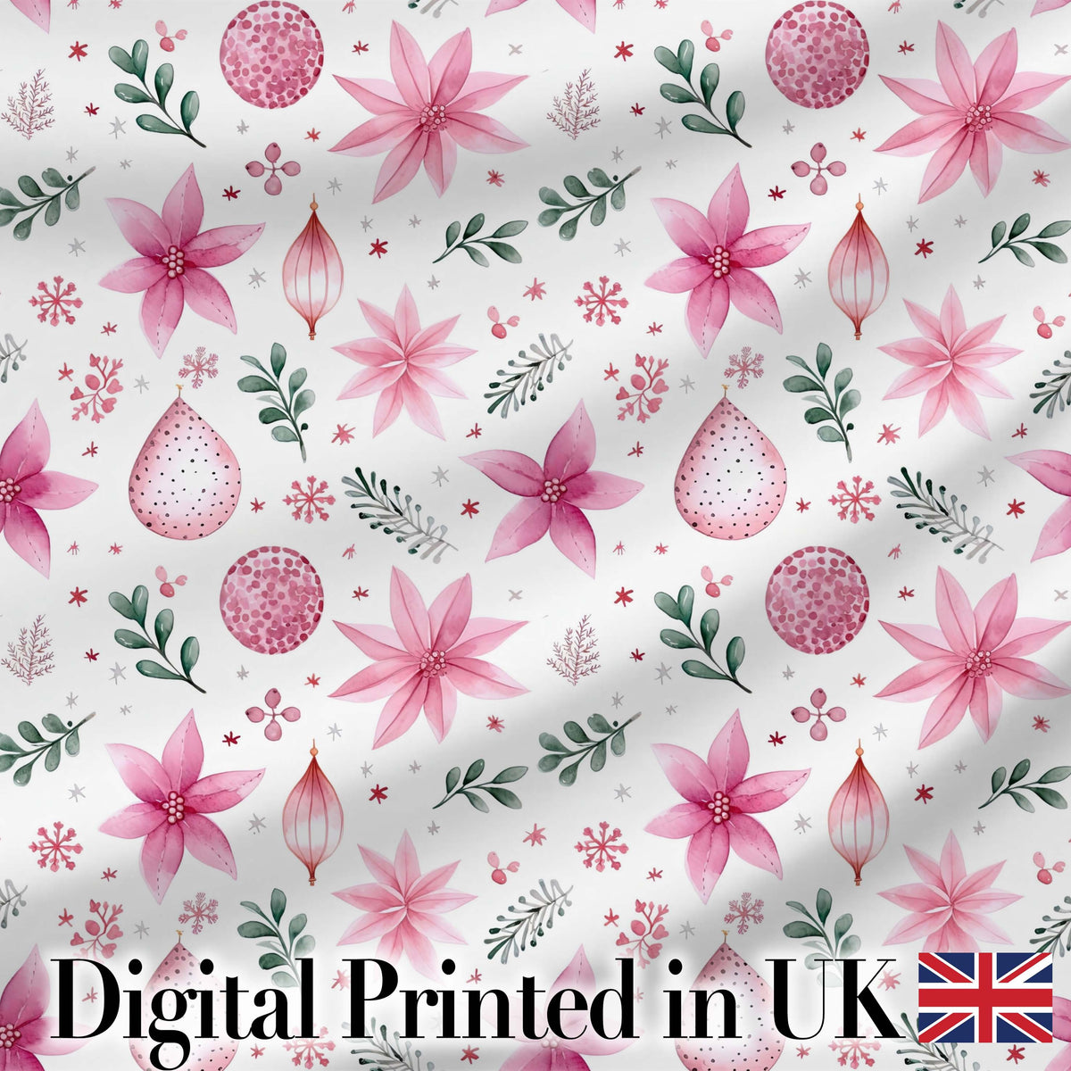 Watercolor Pink Poinsettia Leaves Christmas Seamless Pattern Digital Print Fabric by the Metre UK Sewing Quilting Textile