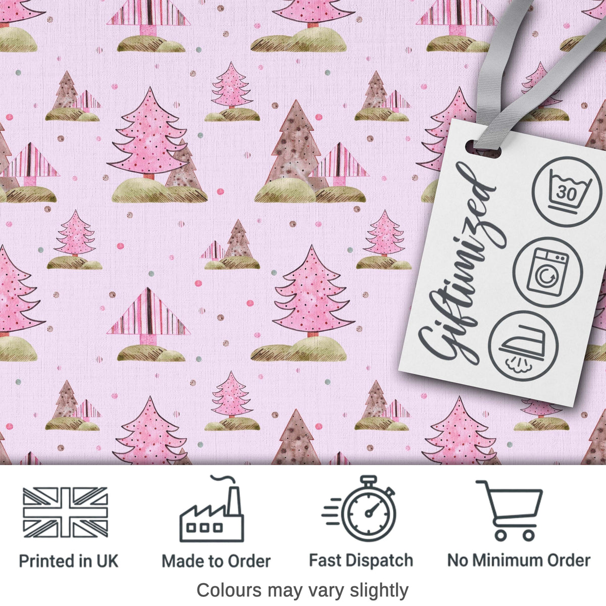 Hand Drawn Pink Winter Forest Trees Seamless Pattern Digital Print Fabric by the Metre UK Sewing Quilting Textile