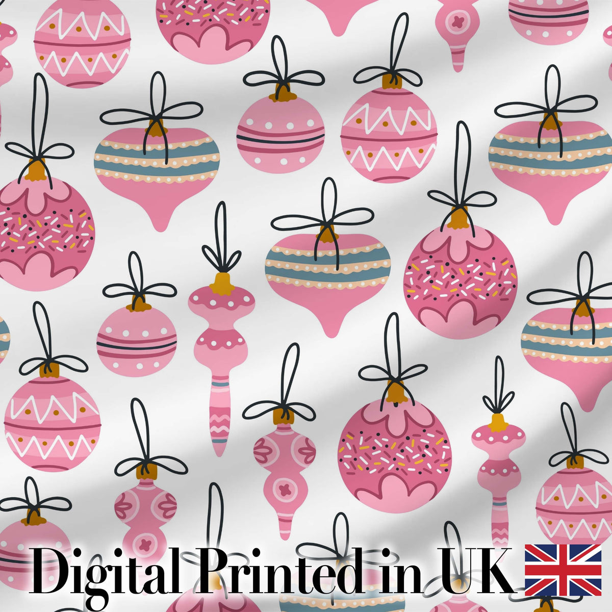 Cute Pink Christmas Baubles Ornament Hanging Seamless Pattern Digital Print Fabric by the Metre UK Sewing Quilting Textile