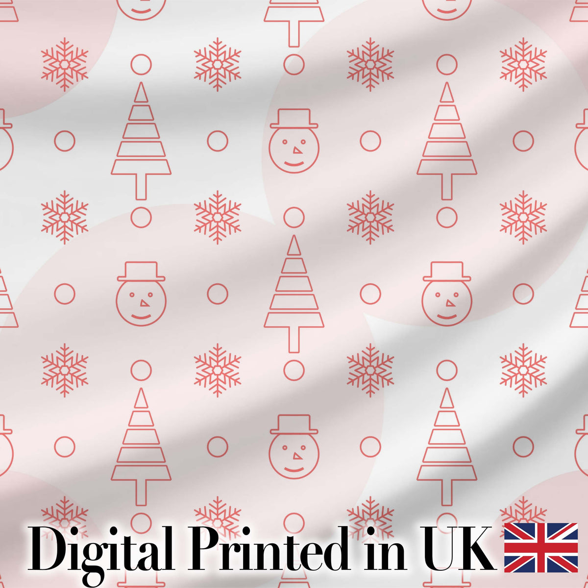 Minimal Line Christmas Tree Snowflake Snowman Seamless Pattern Digital Print Fabric by the Metre UK Sewing Quilting Textile