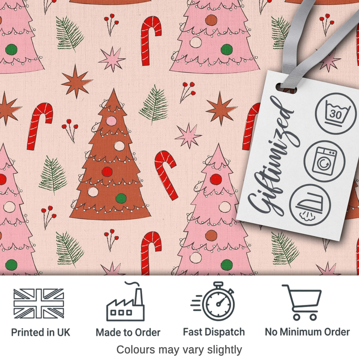 Scandinavian Christmas Tree Candy Cane Star Seamless Pattern Digital Print Fabric by the Metre UK Sewing Quilting Textile