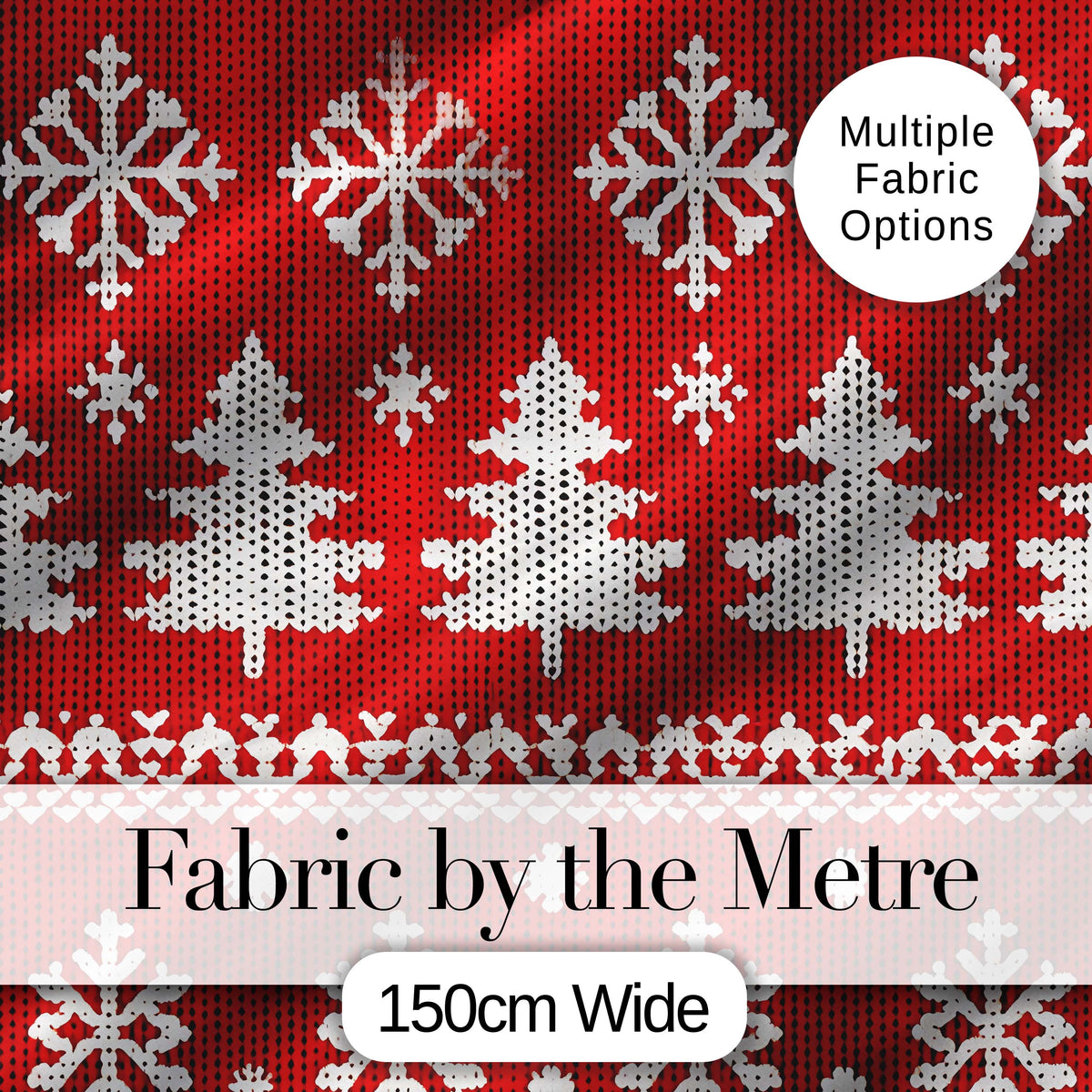 Knitted Red Christmas Snowflake Tree Seamless Pattern Digital Print Fabric by the Metre UK Sewing Quilting Textile