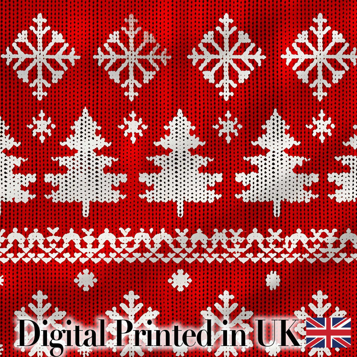 Knitted Red Christmas Snowflake Tree Seamless Pattern Digital Print Fabric by the Metre UK Sewing Quilting Textile