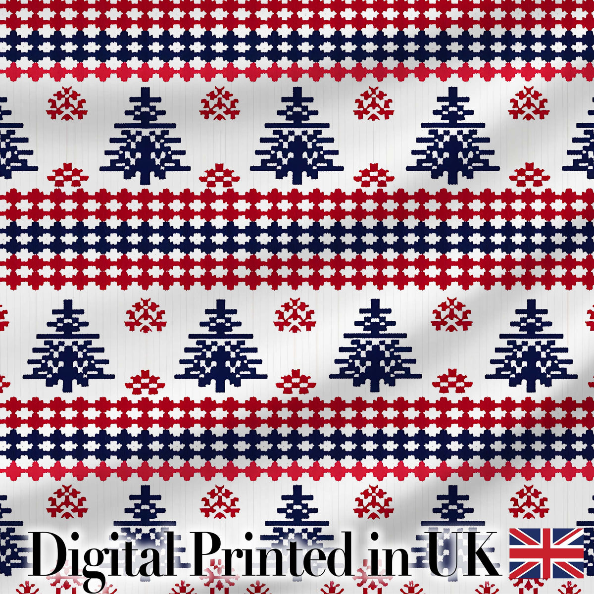 Nordic Red Blue Christmas Tree Snowflake Seamless Pattern Digital Print Fabric by the Metre UK Sewing Quilting Textile