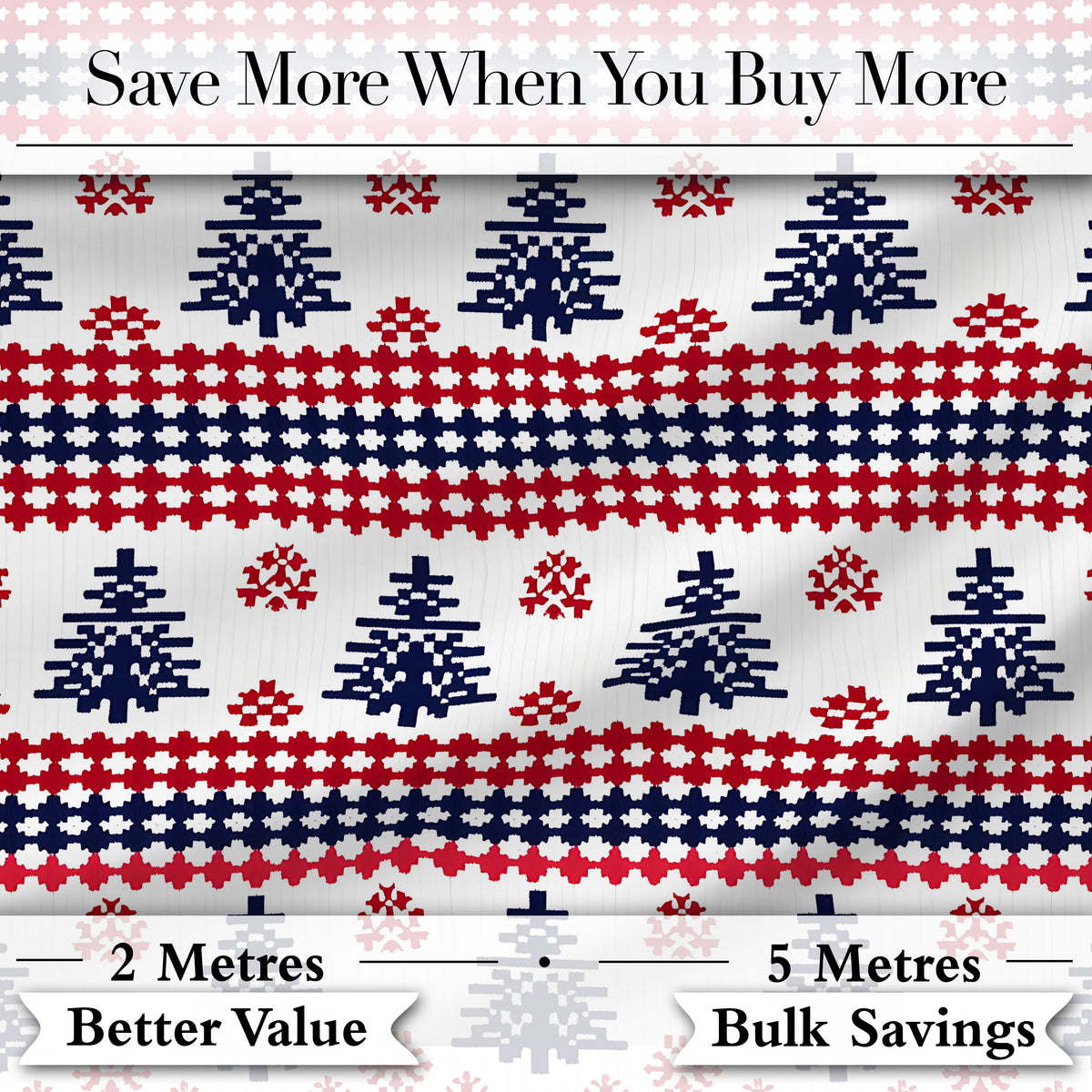 Nordic Red Blue Christmas Tree Snowflake Seamless Pattern Digital Print Fabric by the Metre UK Sewing Quilting Textile