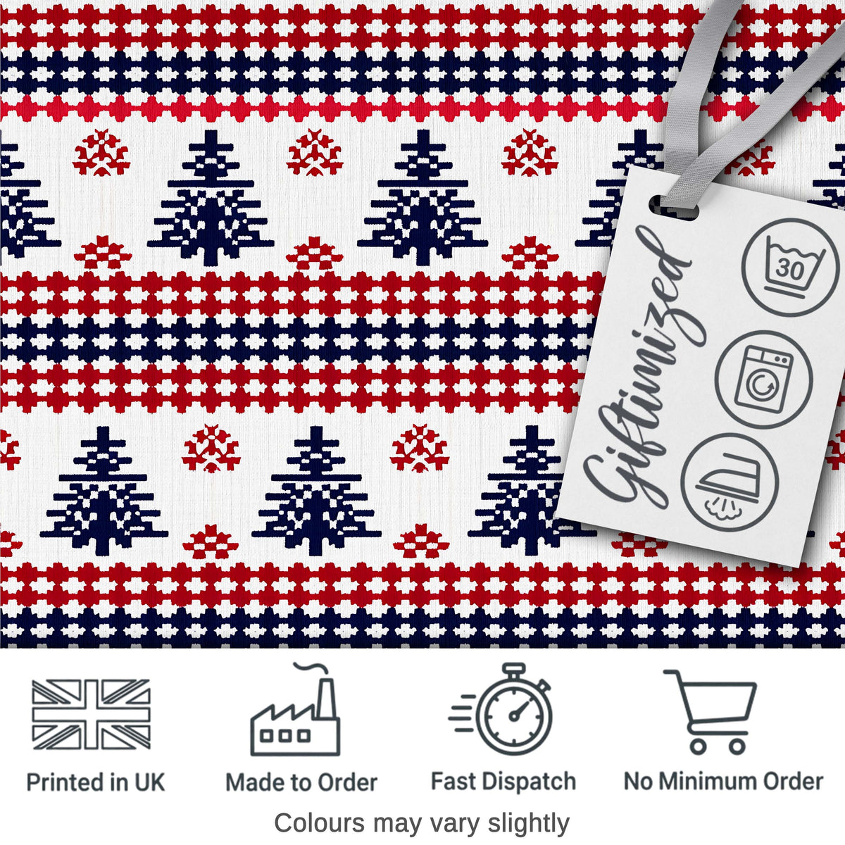 Nordic Red Blue Christmas Tree Snowflake Seamless Pattern Digital Print Fabric by the Metre UK Sewing Quilting Textile