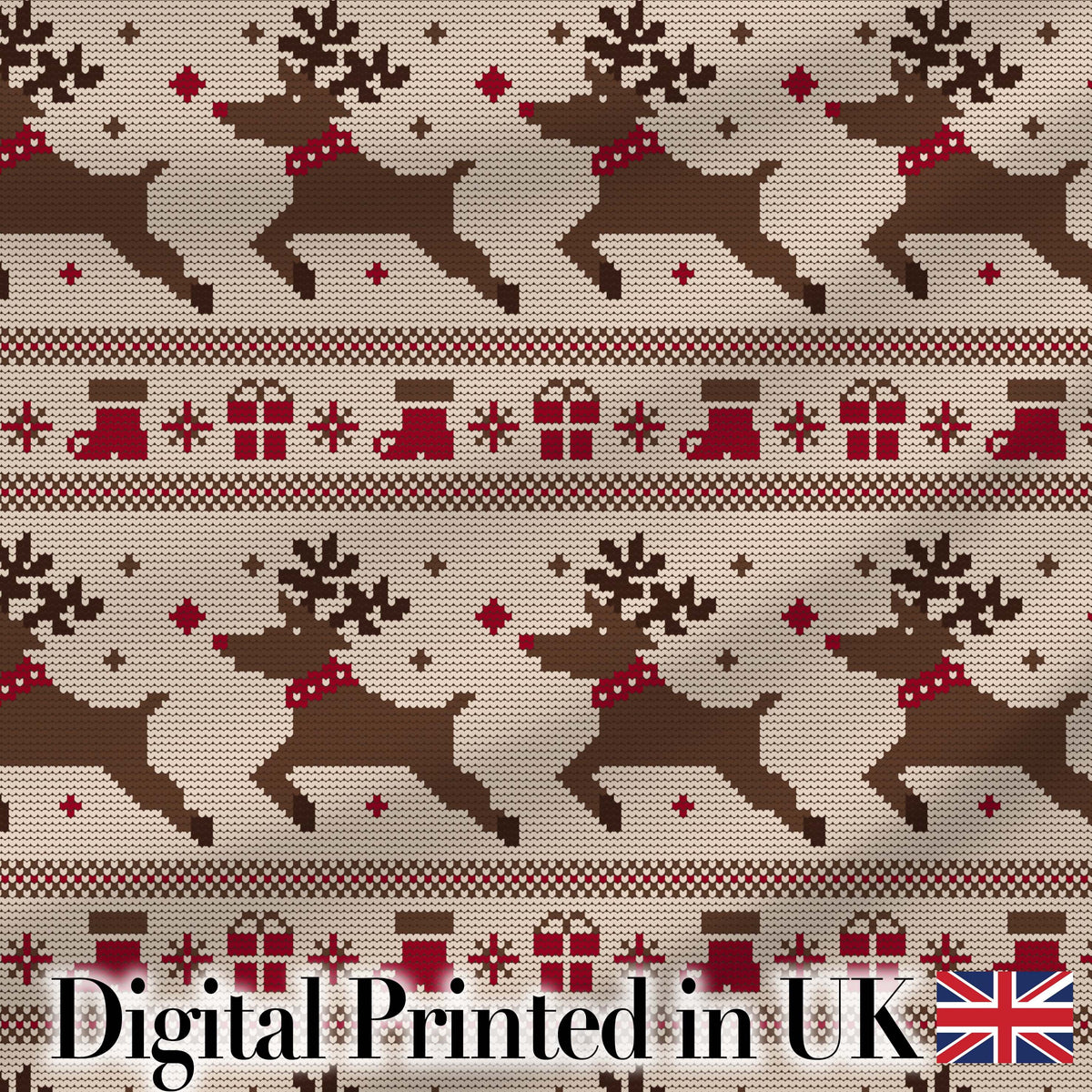 Classic Reindeer Gift Nordic Knitted Seamless Pattern Christmas Digital Print Fabric by the Metre UK Sewing Quilting Textile