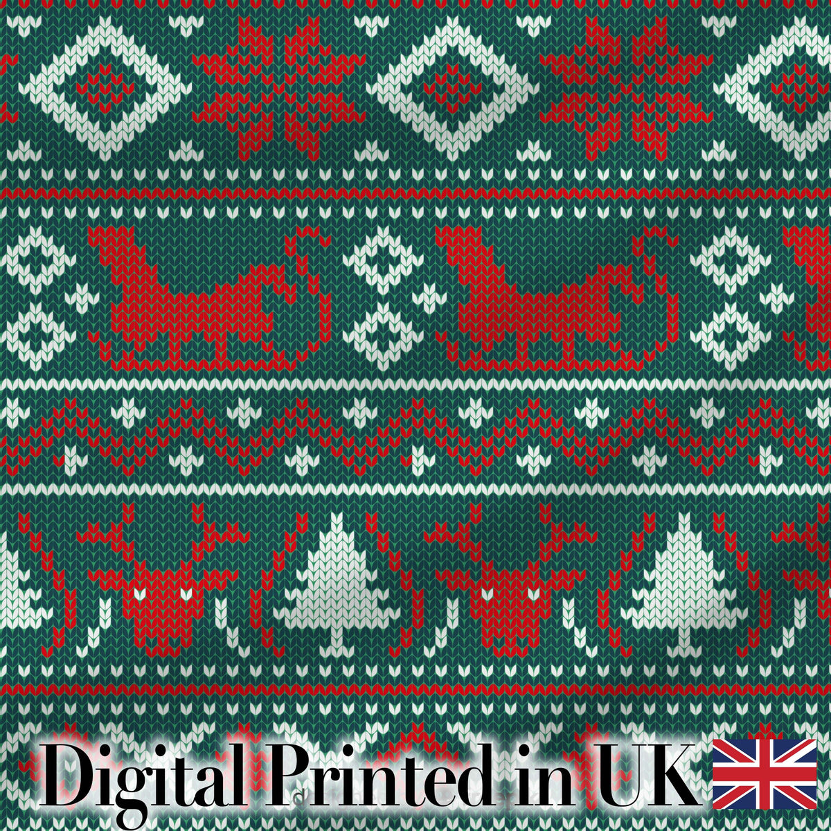 Scandinavian Reindeer Snowflake Knit Pattern Green Background Digital Print Fabric by the Metre UK Sewing Quilting Textile