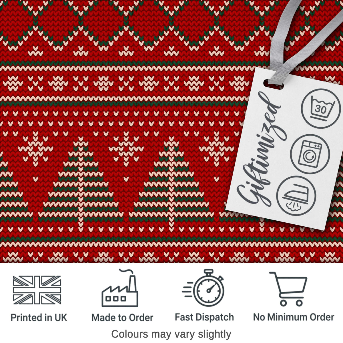 Christmas Tree Heart Knit Pattern Red Green White Nordic Festive Sweater Style Digital Print Fabric by the Metre UK Sewing Quilting Textile