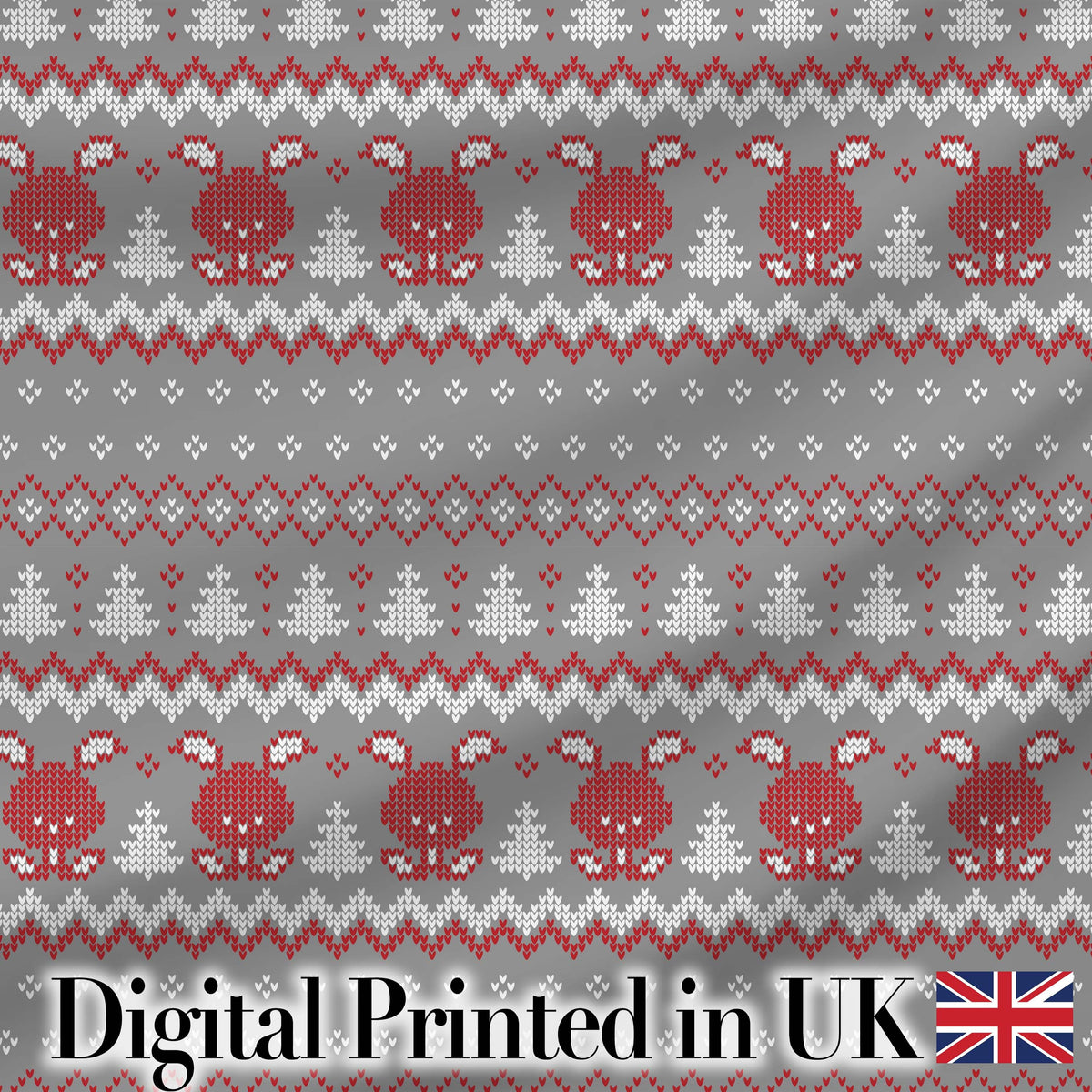 Cute Reindeer Tree Knit Pattern Grey Red White Christmas Sweater Style Seamless Digital Print Fabric by the Metre UK Sewing Quilting Textile