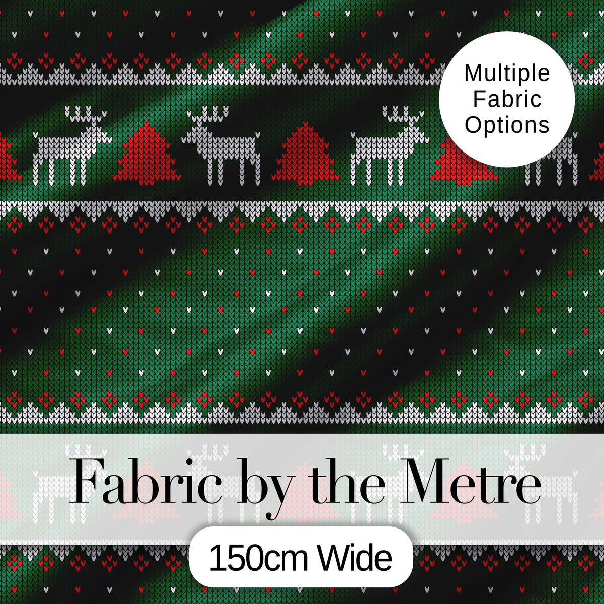 Scandinavian Reindeer Mountain Knit Pattern Green Red White Christmas Seamless Digital Print Fabric by the Metre UK Sewing Quilting Textile