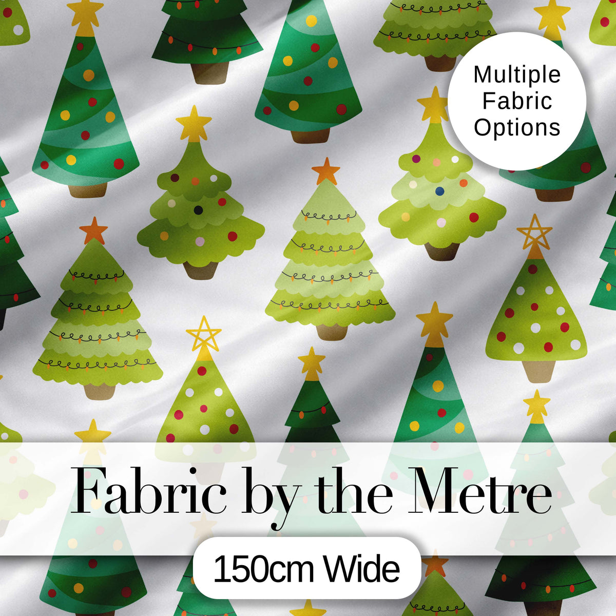Cute Decorated Christmas Trees with Stars on Soft Grey Background Digital Print Fabric by the Metre UK Sewing Quilting Textile
