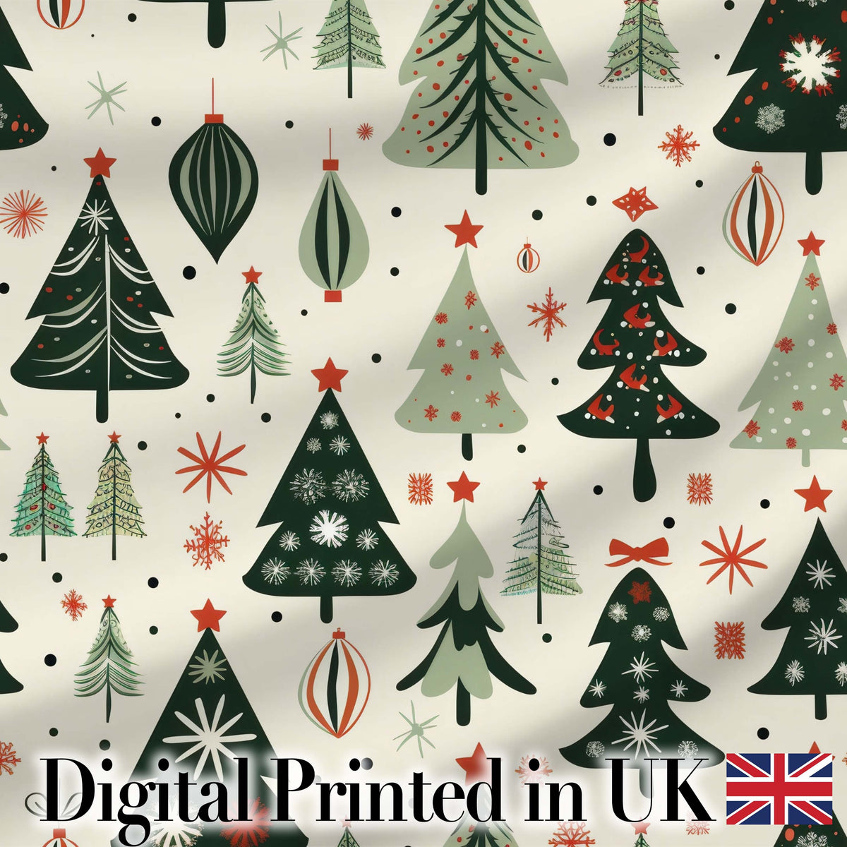 Vintage Style Christmas Trees Ornaments Snowflakes Festive Seamless Pattern Digital Print Fabric by the Metre UK Sewing Quilting Textile
