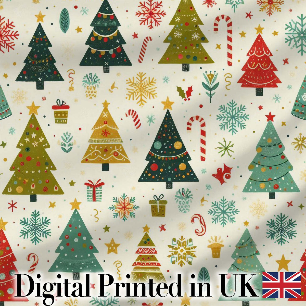 Whimsical Christmas Trees Candy Canes Snowflakes Holiday Seamless Pattern Digital Print Fabric by the Metre UK Sewing Quilting Textile