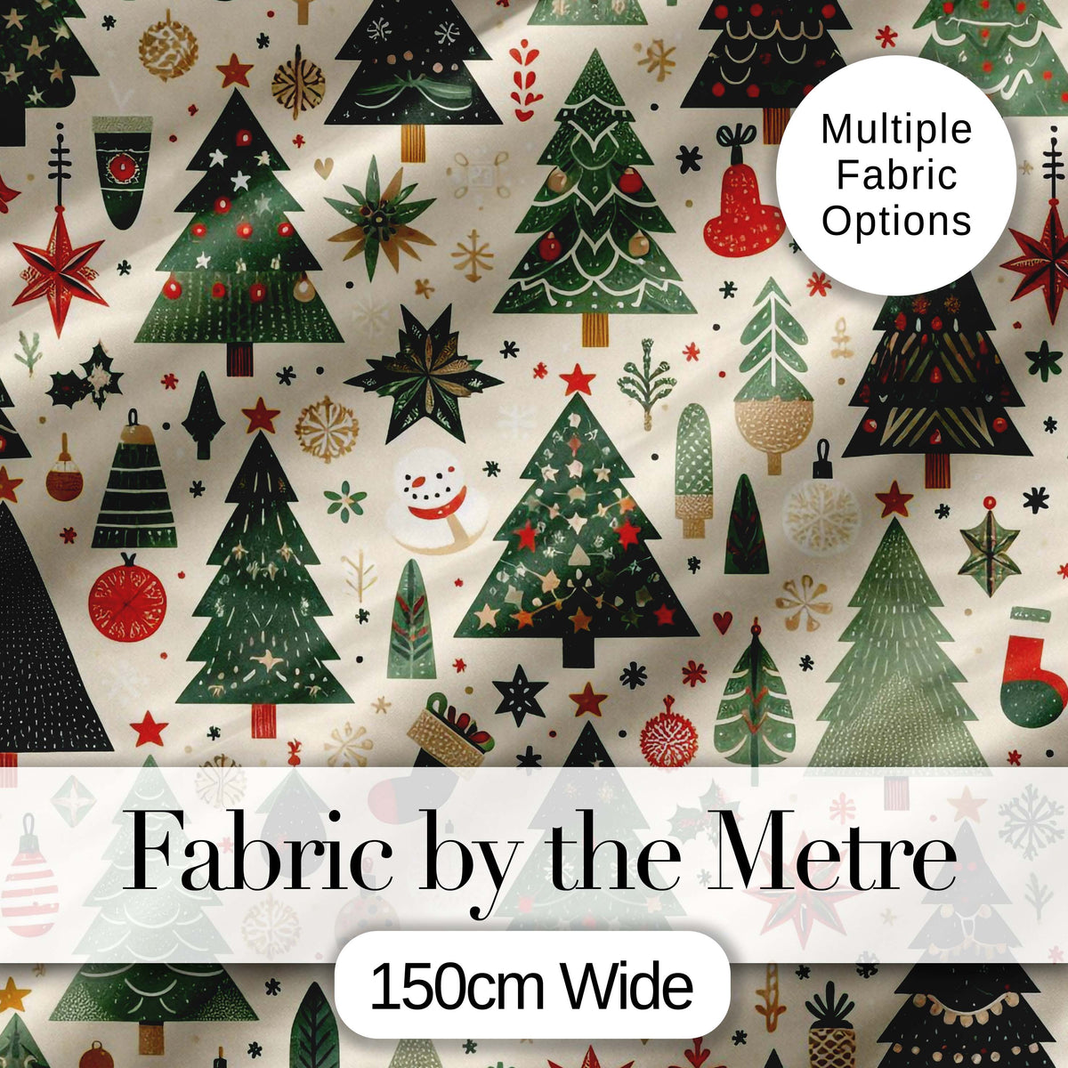 Scandinavian Christmas Trees Ornaments Snowflakes Cozy Holiday Seamless Pattern Digital Print Fabric by the Metre UK Sewing Quilting Textile