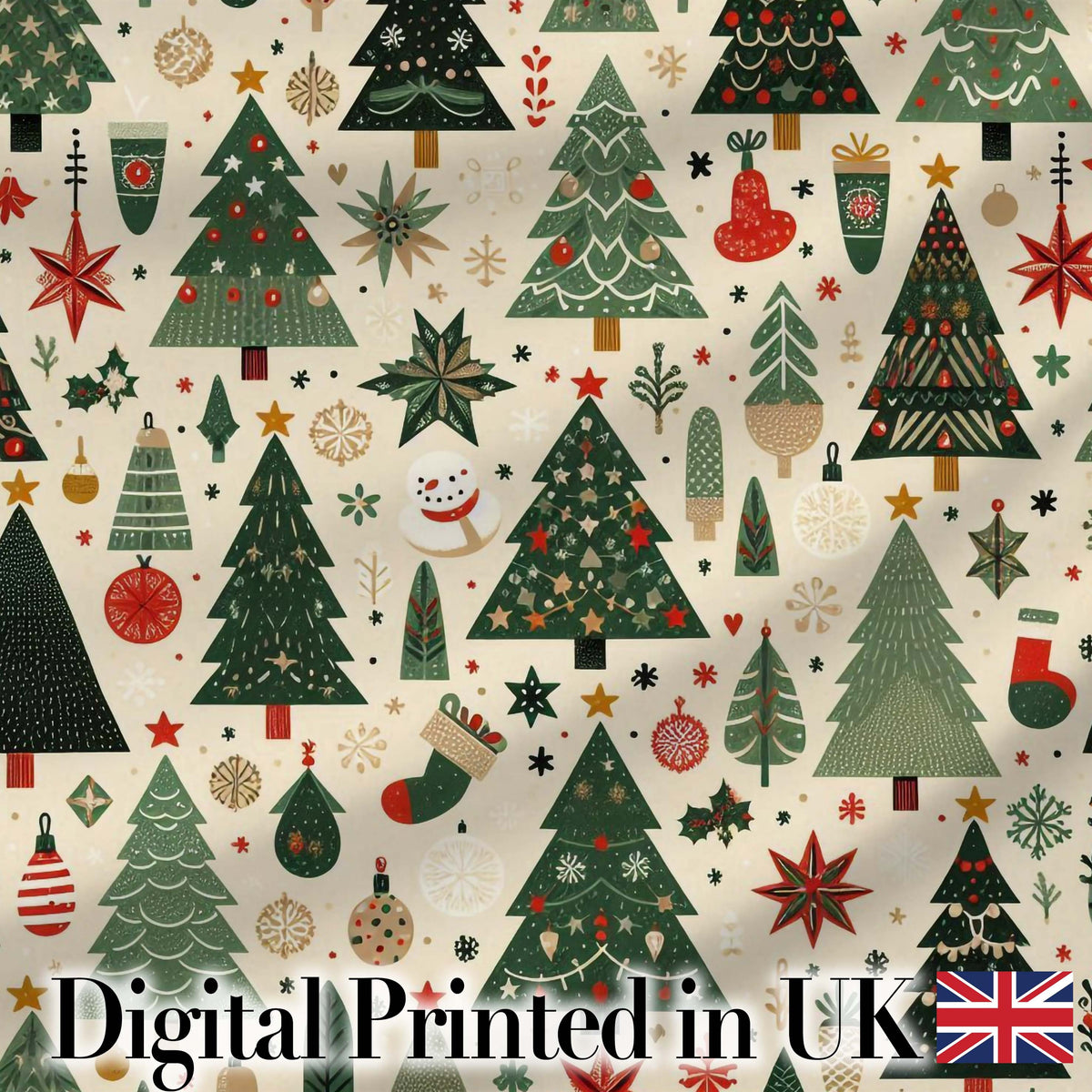 Scandinavian Christmas Trees Ornaments Snowflakes Cozy Holiday Seamless Pattern Digital Print Fabric by the Metre UK Sewing Quilting Textile