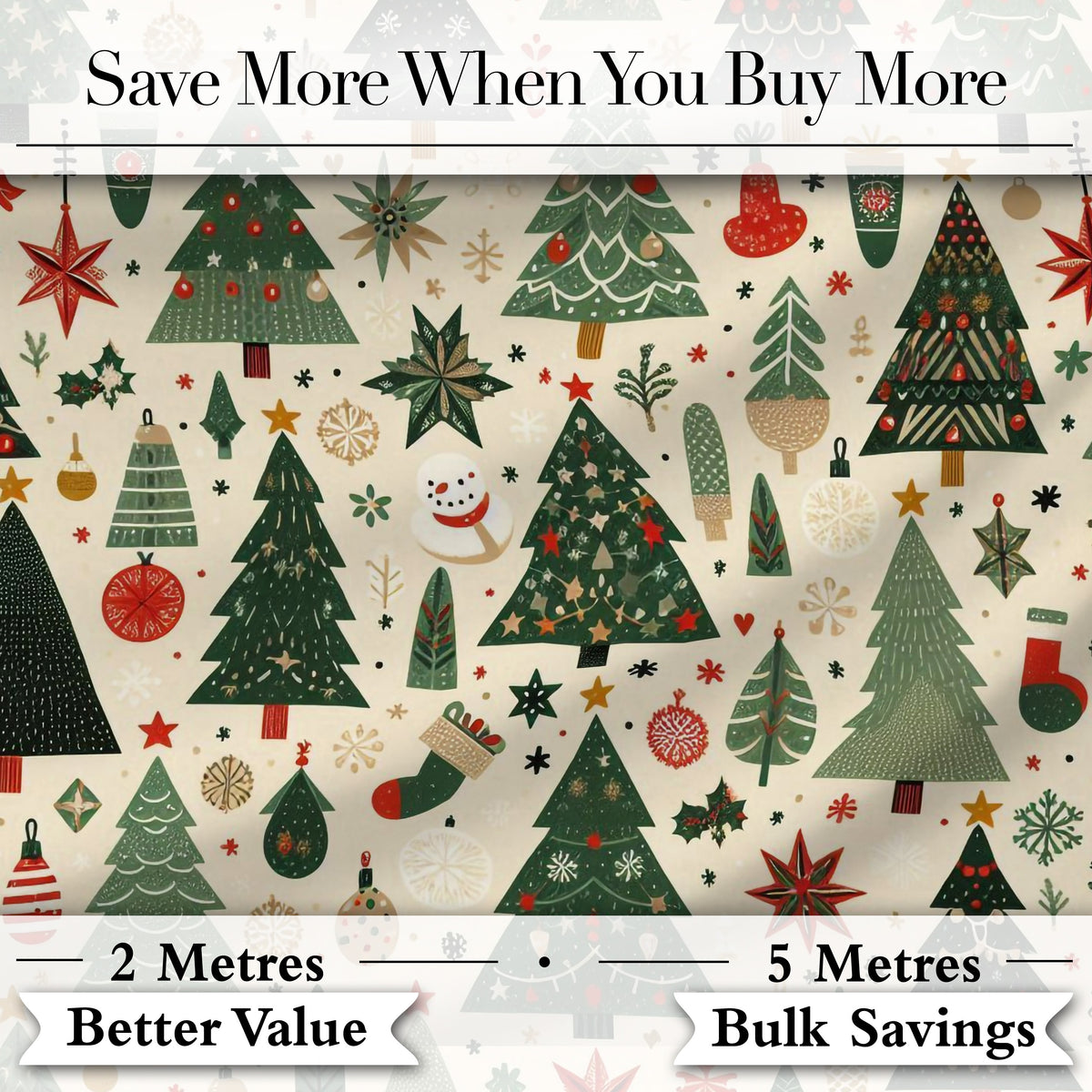 Scandinavian Christmas Trees Ornaments Snowflakes Cozy Holiday Seamless Pattern Digital Print Fabric by the Metre UK Sewing Quilting Textile