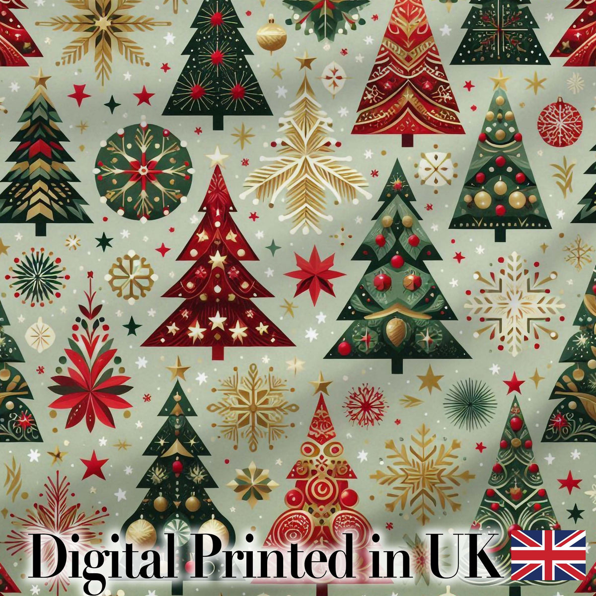 Elegant Festive Christmas Trees Snowflakes Gold Red Holiday Seamless Pattern Digital Print Fabric by the Metre UK Sewing Quilting Textile