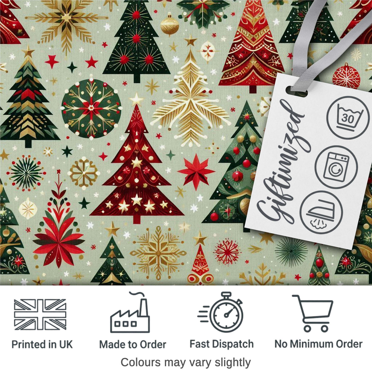Elegant Festive Christmas Trees Snowflakes Gold Red Holiday Seamless Pattern Digital Print Fabric by the Metre UK Sewing Quilting Textile