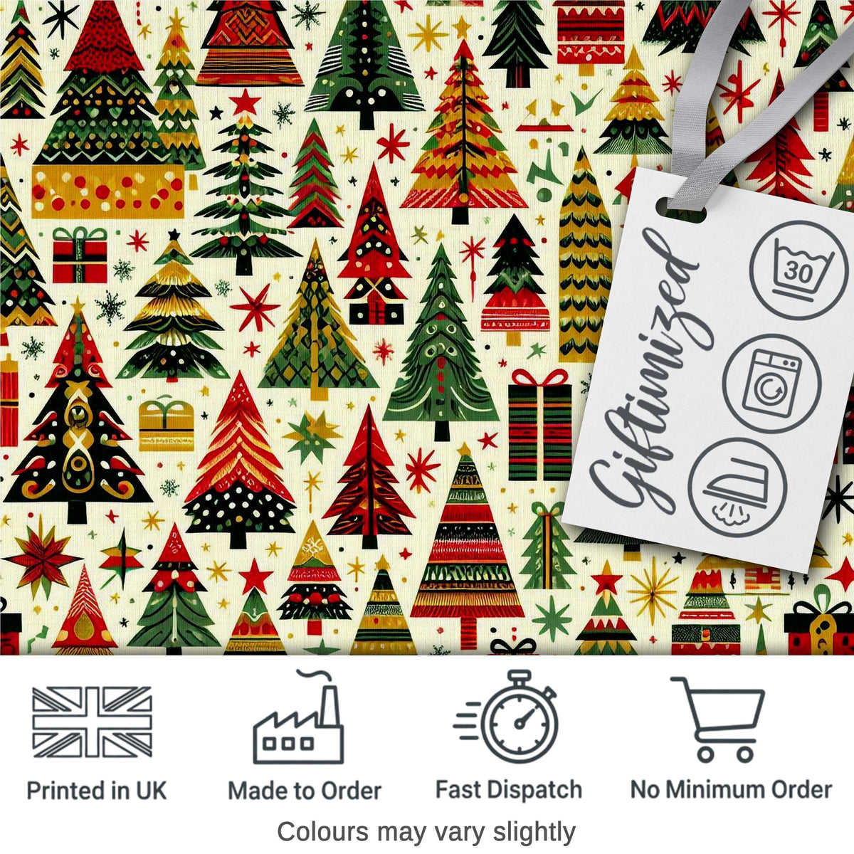 Vibrant Nordic Christmas Trees Gifts Stars Festive Holiday Seamless Pattern Digital Print Fabric by the Metre UK Sewing Quilting Textile