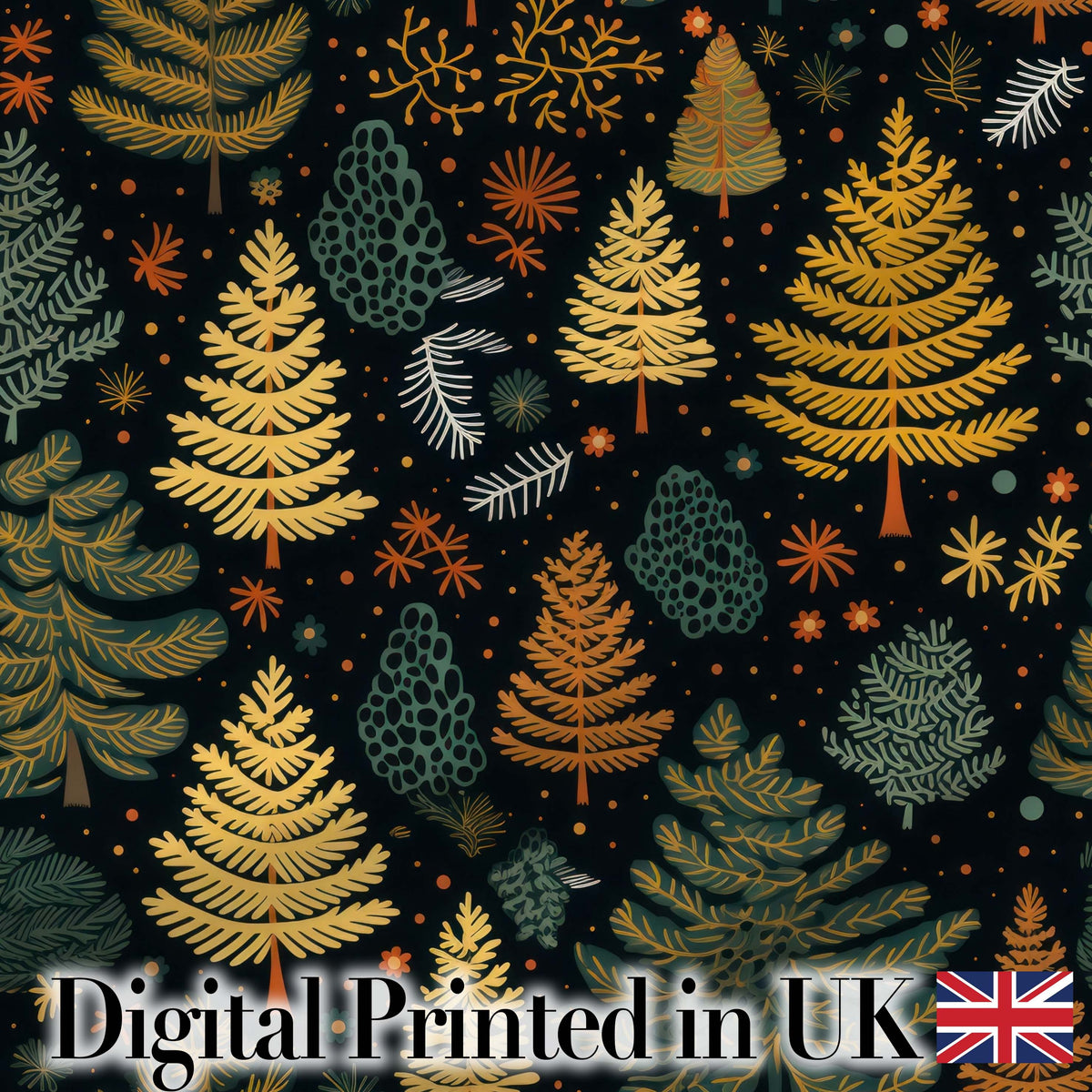 Modern Christmas Trees Golden Leaves Dark Background Festive Seamless Pattern Digital Print Fabric by the Metre UK Sewing Quilting Textile