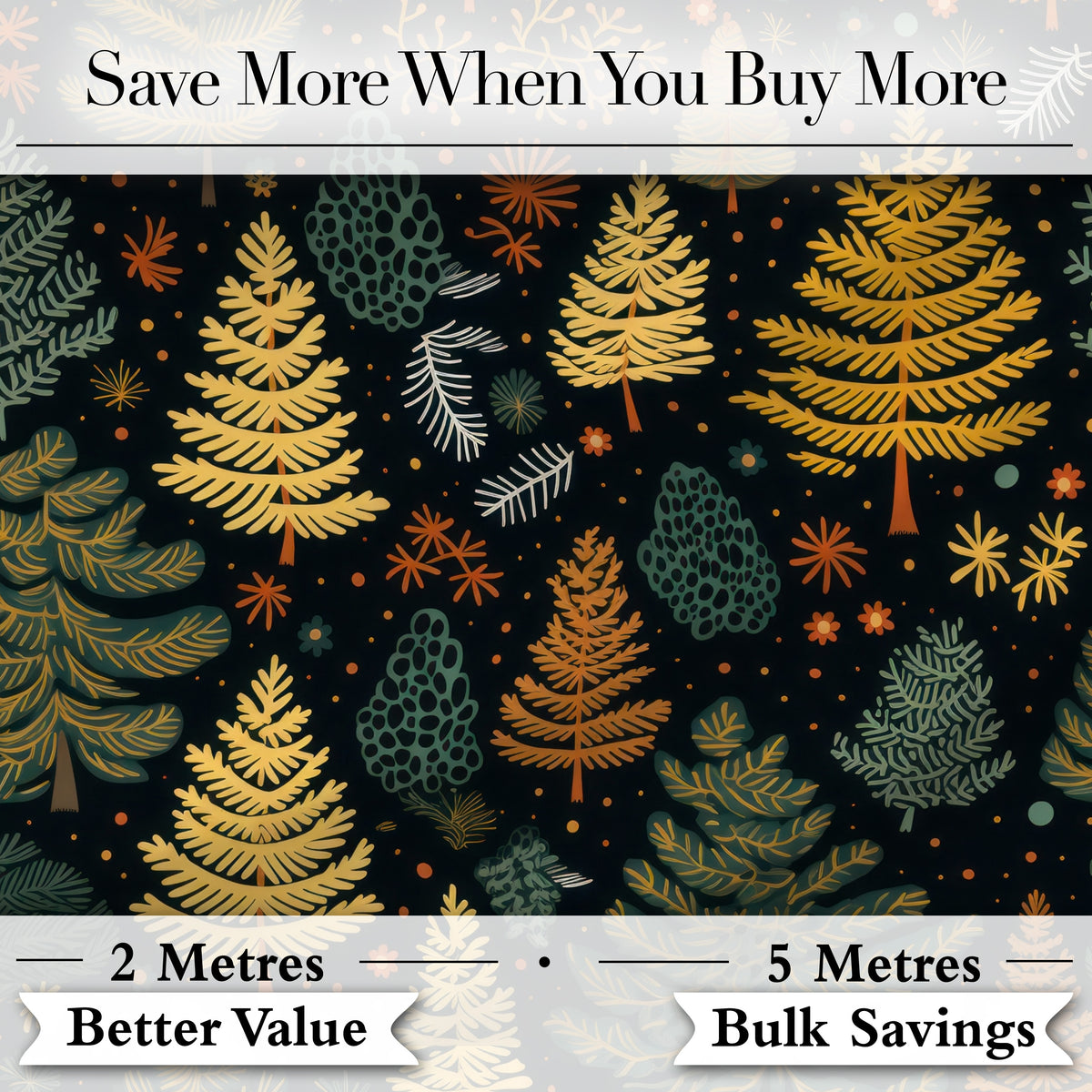 Modern Christmas Trees Golden Leaves Dark Background Festive Seamless Pattern Digital Print Fabric by the Metre UK Sewing Quilting Textile