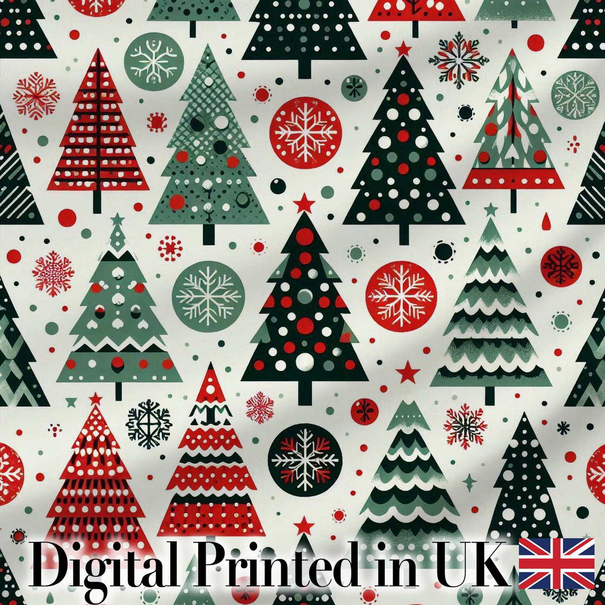 Scandi Christmas Trees Polka Dots Snowflakes Cute Holiday Seamless Pattern Digital Print Fabric by the Metre UK Sewing Quilting Textile