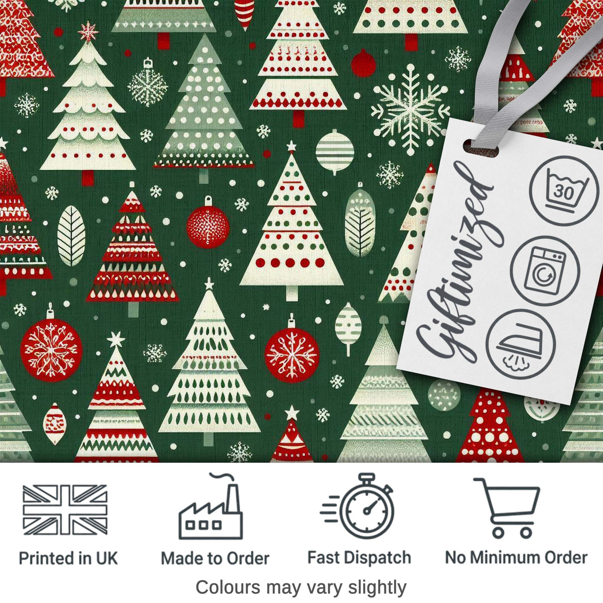Scandi Christmas Trees Red White Green Snowflakes Nordic Seamless Pattern Digital Print Fabric by the Metre UK Sewing Quilting Textile