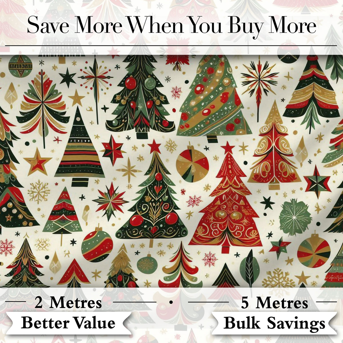 Ornate Christmas Trees Red Green Gold Baubles Festive Seamless Pattern Digital Print Fabric by the Metre UK Sewing Quilting Textile
