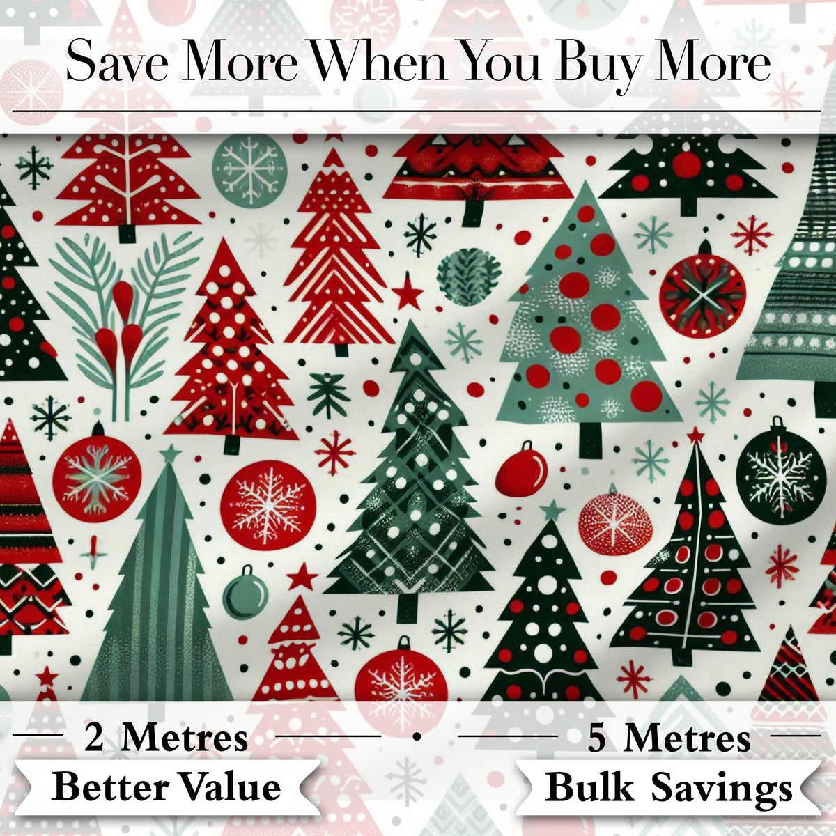 Festive Christmas Trees Red Green Baubles Snowflakes Seamless Pattern Digital Print Fabric by the Metre UK Sewing Quilting Textile