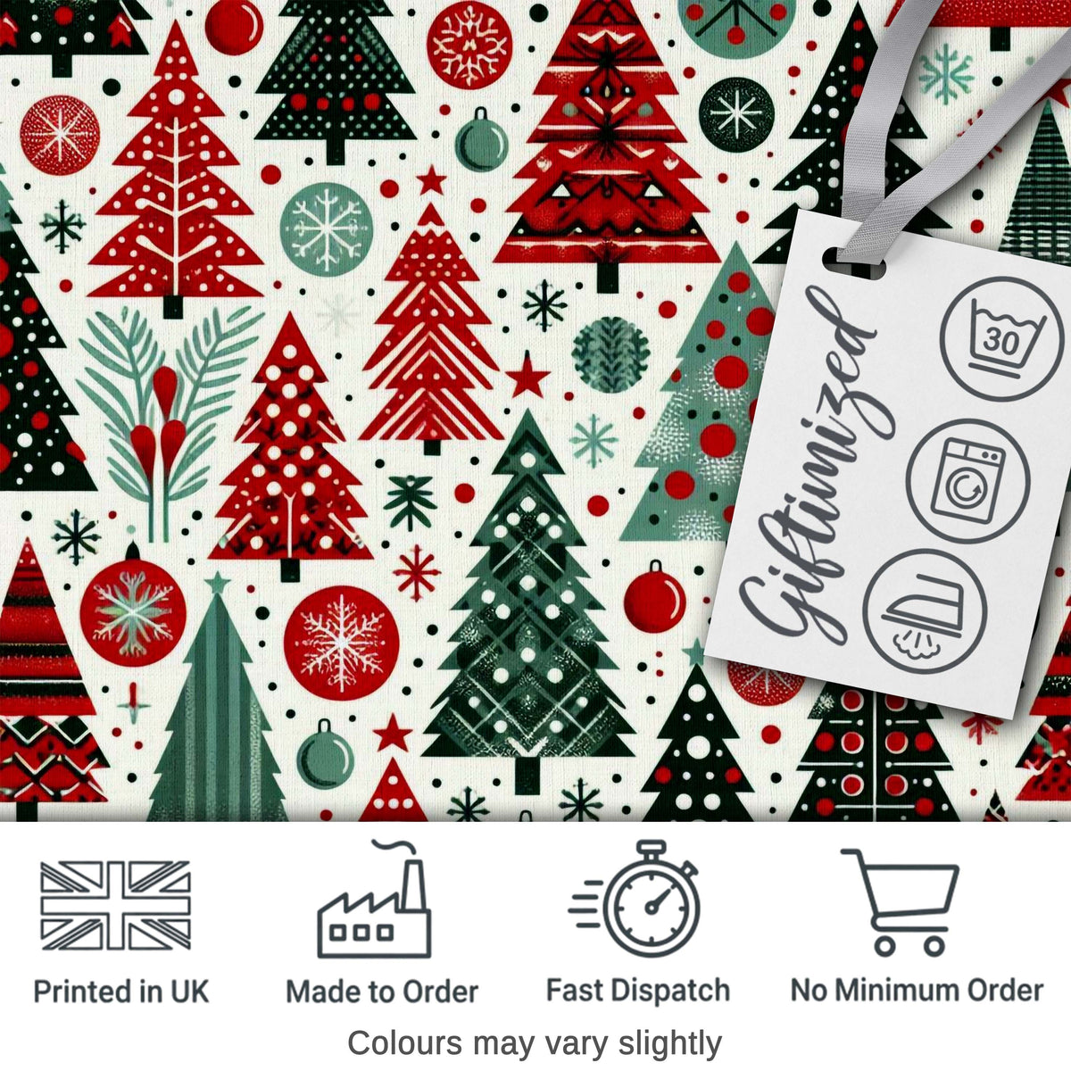 Festive Christmas Trees Red Green Baubles Snowflakes Seamless Pattern Digital Print Fabric by the Metre UK Sewing Quilting Textile