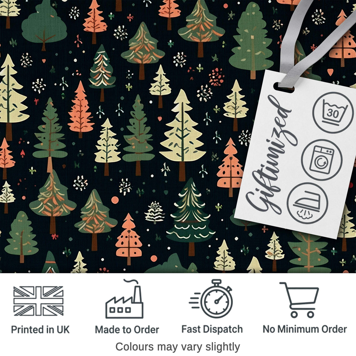 Scandi Forest Christmas Trees Pastel Green Pink Snowflakes Seamless Pattern Digital Print Fabric by the Metre UK Sewing Quilting Textile