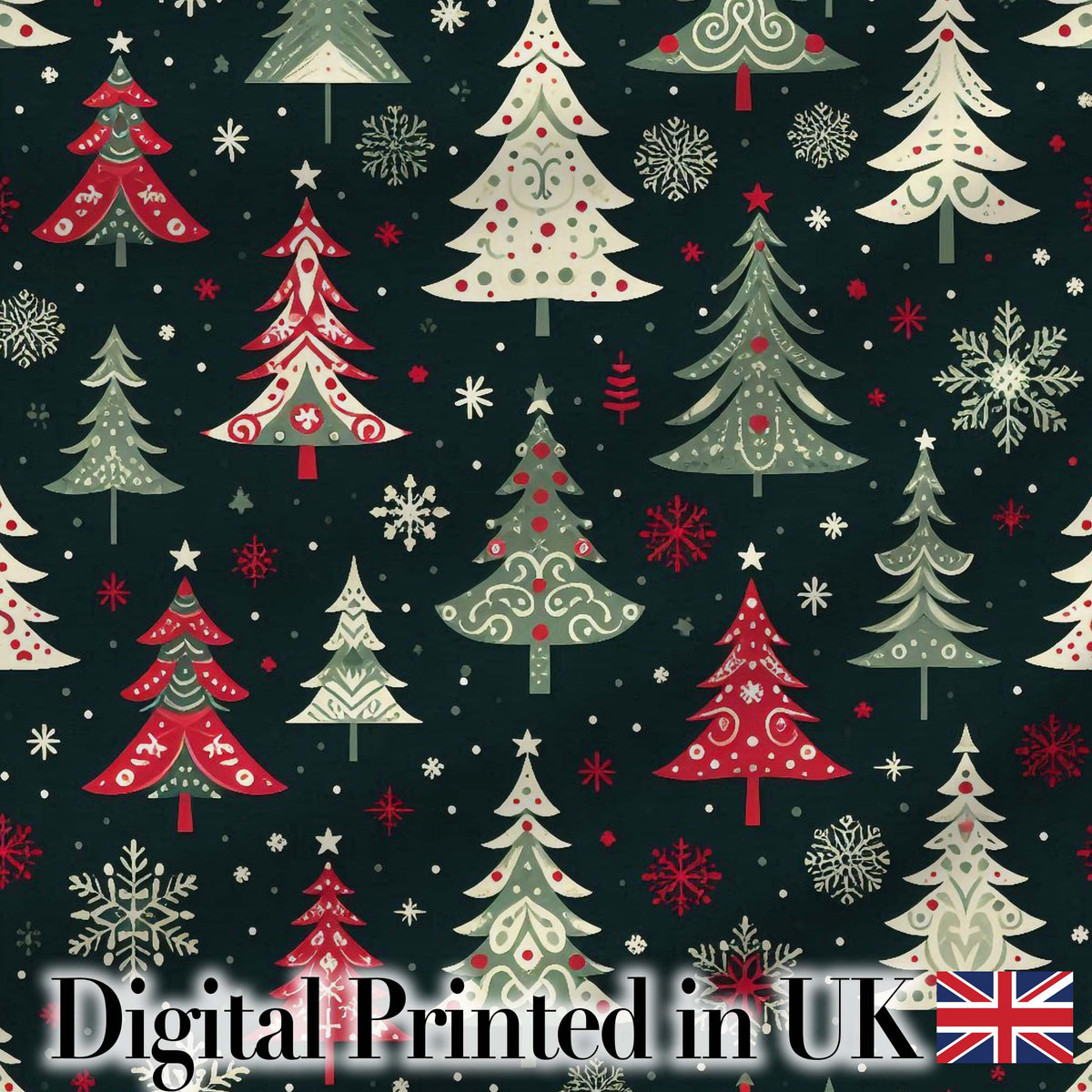 Nordic Christmas Trees Red White Green Snowflakes Festive Seamless Pattern Digital Print Fabric by the Metre UK Sewing Quilting Textile
