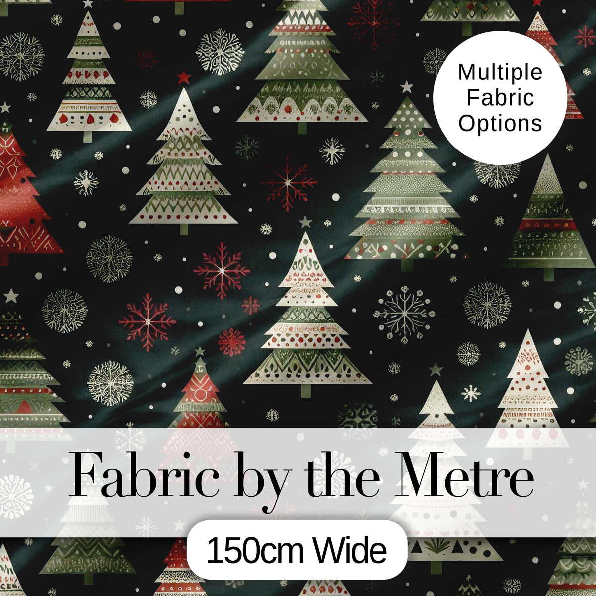 Scandi Christmas Trees Snowflakes Red Green Dark Background Seamless Pattern Digital Print Fabric by the Metre UK Sewing Quilting Textile