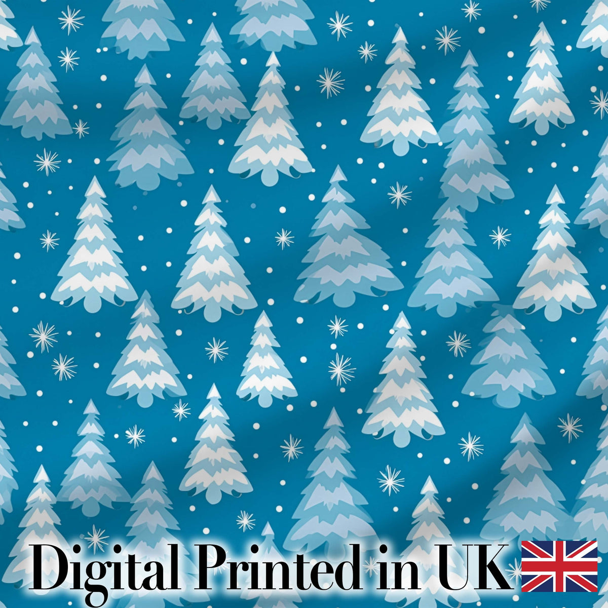 Snowy Blue Winter Christmas Trees Snowflakes Seamless Pattern Digital Print Fabric by the Metre UK Sewing Quilting Textile