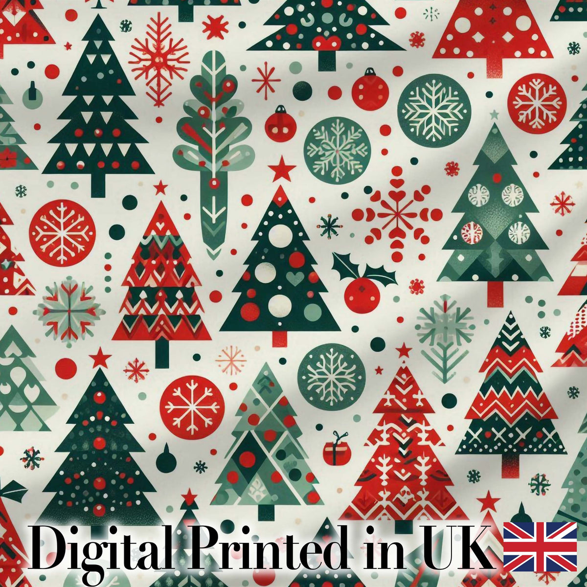 Scandi Christmas Trees Ornaments Red Green Festive Seamless Pattern Digital Print Fabric by the Metre UK Sewing Quilting Textile