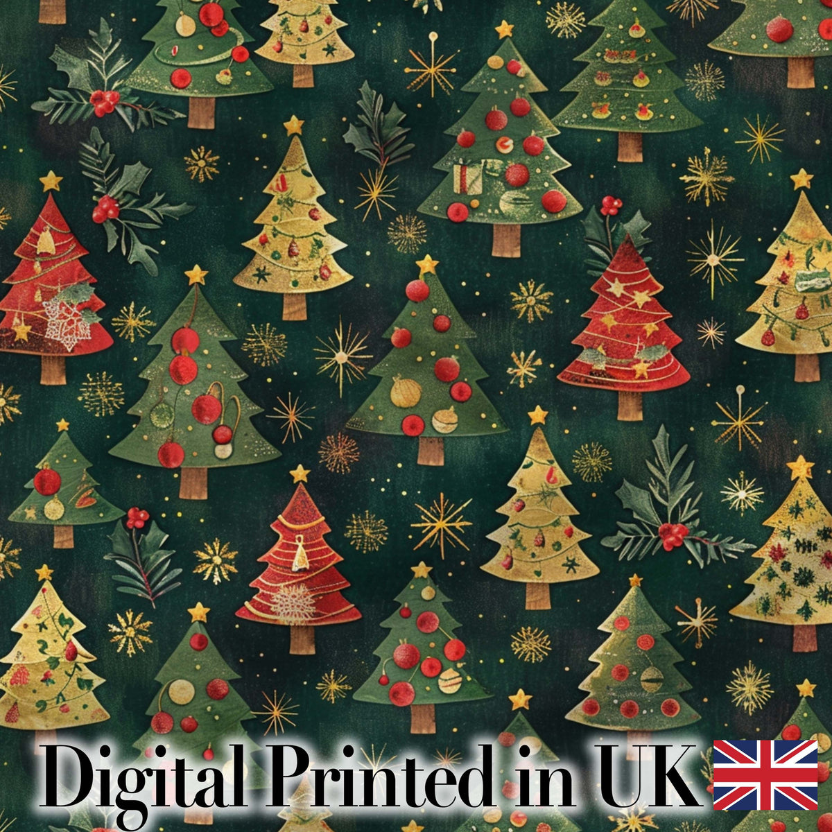 Vintage Christmas Trees Dark Green Gold Stars Holiday Seamless Pattern Digital Print Fabric by the Metre UK Sewing Quilting Textile