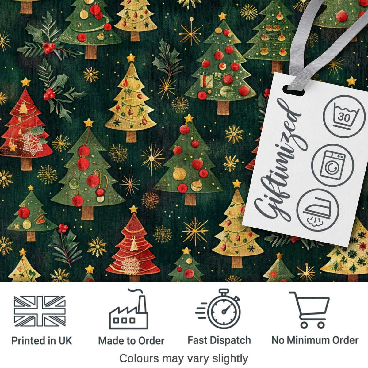 Vintage Christmas Trees Dark Green Gold Stars Holiday Seamless Pattern Digital Print Fabric by the Metre UK Sewing Quilting Textile