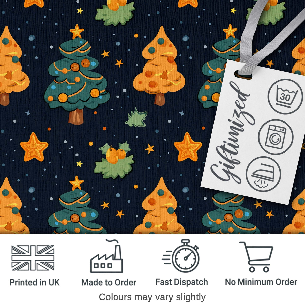 Cute Cartoon Christmas Trees Stars Navy Night Seamless Pattern Digital Print Fabric by the Metre UK Sewing Quilting Textile