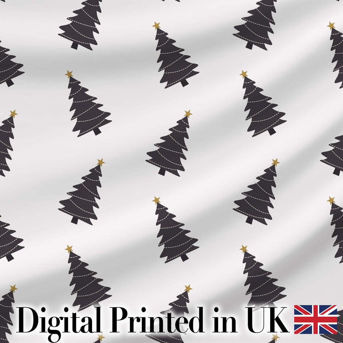 Minimal Black Christmas Trees Gold Star Seamless Pattern Digital Print Fabric by the Metre UK Sewing Quilting Textile