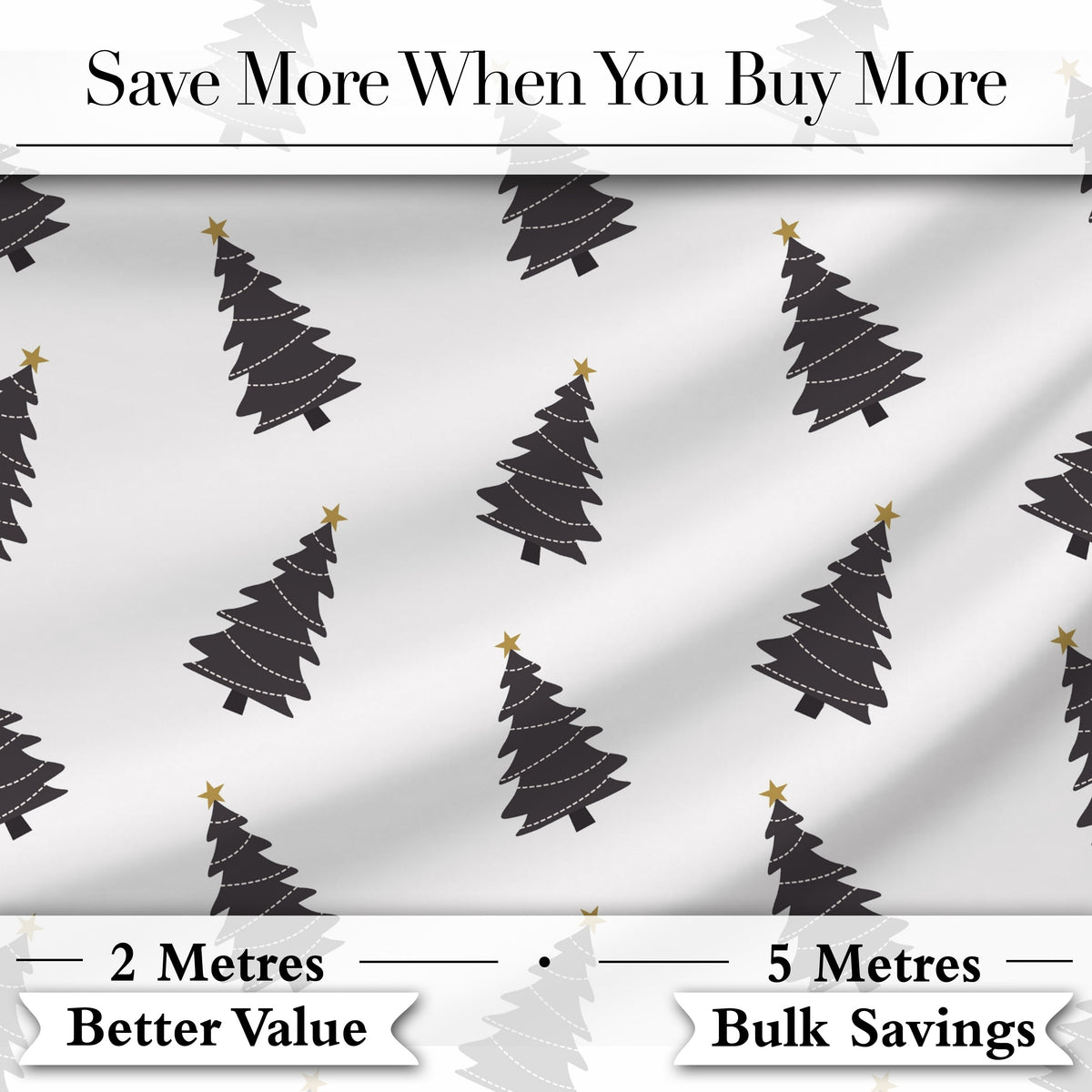 Minimal Black Christmas Trees Gold Star Seamless Pattern Digital Print Fabric by the Metre UK Sewing Quilting Textile