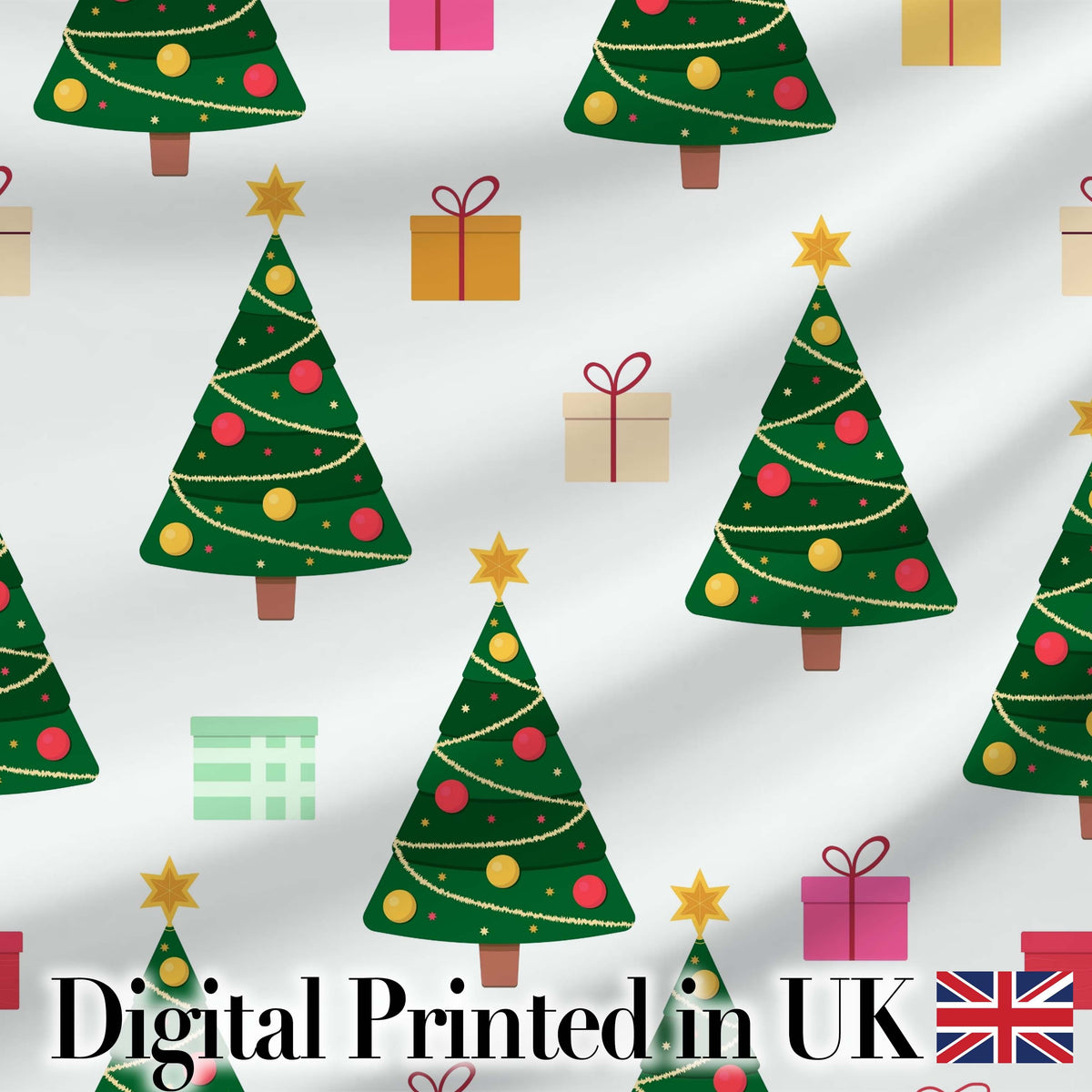 Festive Christmas Trees Gifts Holiday Seamless Pattern Digital Print Fabric by the Metre UK Sewing Quilting Textile
