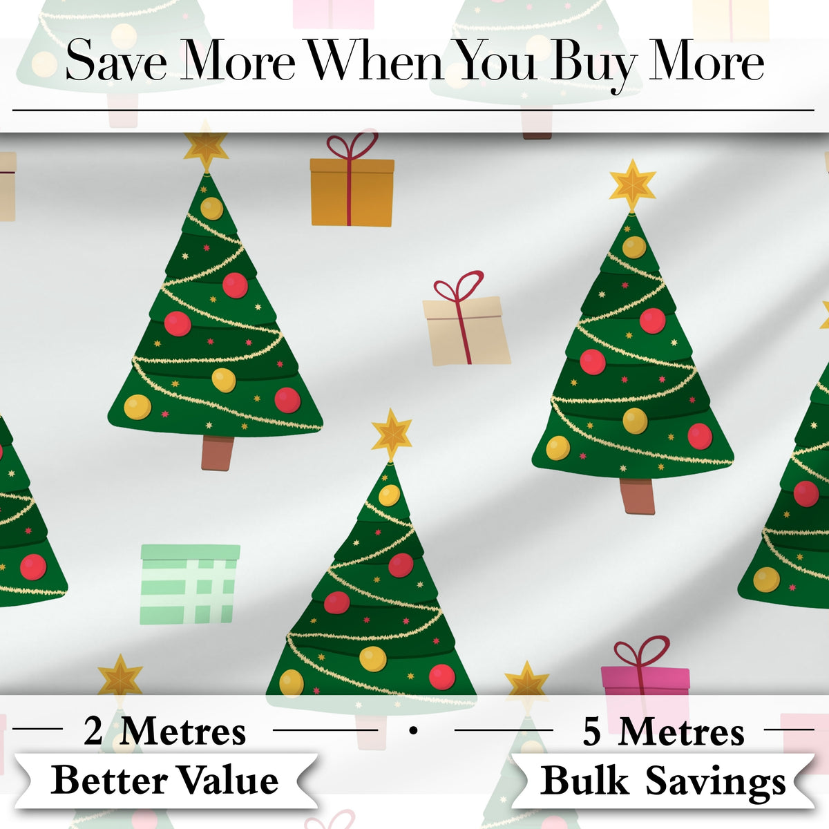 Festive Christmas Trees Gifts Holiday Seamless Pattern Digital Print Fabric by the Metre UK Sewing Quilting Textile