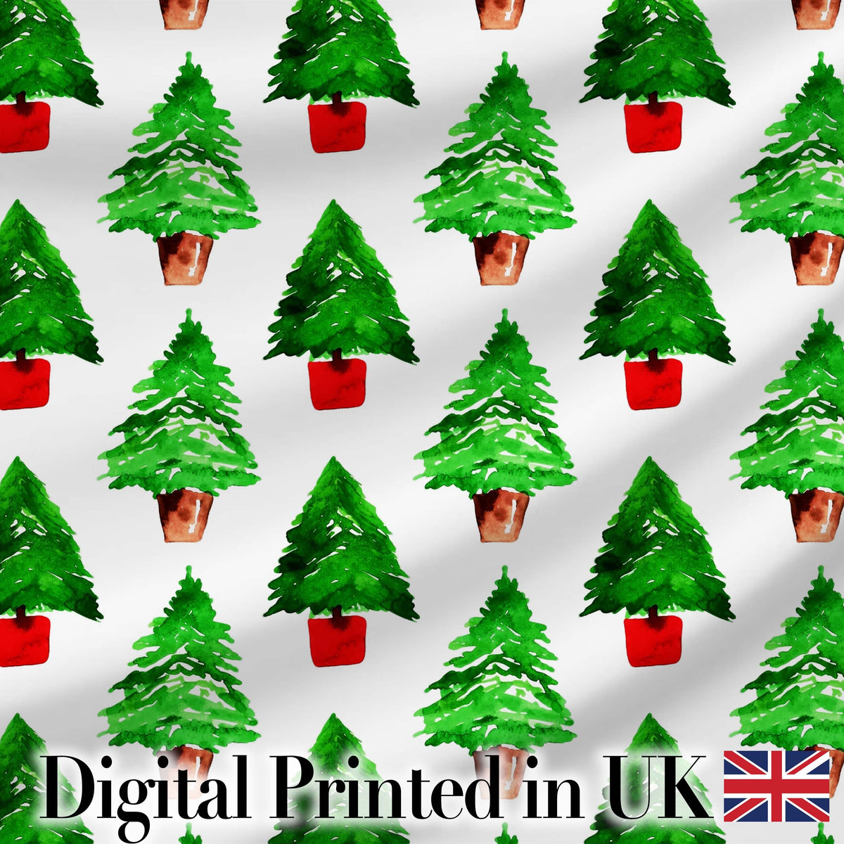 Watercolor Christmas Trees in Pots Hand Painted Seamless Pattern Digital Print Fabric by the Metre UK Sewing Quilting Textile