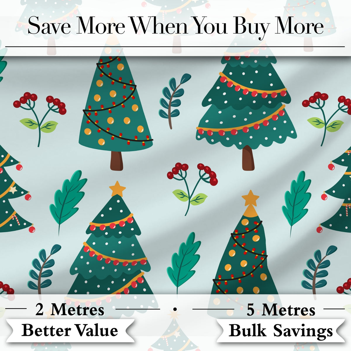 Decorated Christmas Trees Berries Winter Foliage Seamless Pattern Digital Print Fabric by the Metre UK Sewing Quilting Textile
