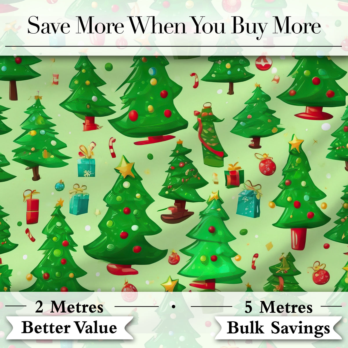 Whimsical Christmas Trees Gifts Ornaments Festive Seamless Pattern Digital Print Fabric by the Metre UK Sewing Quilting Textile