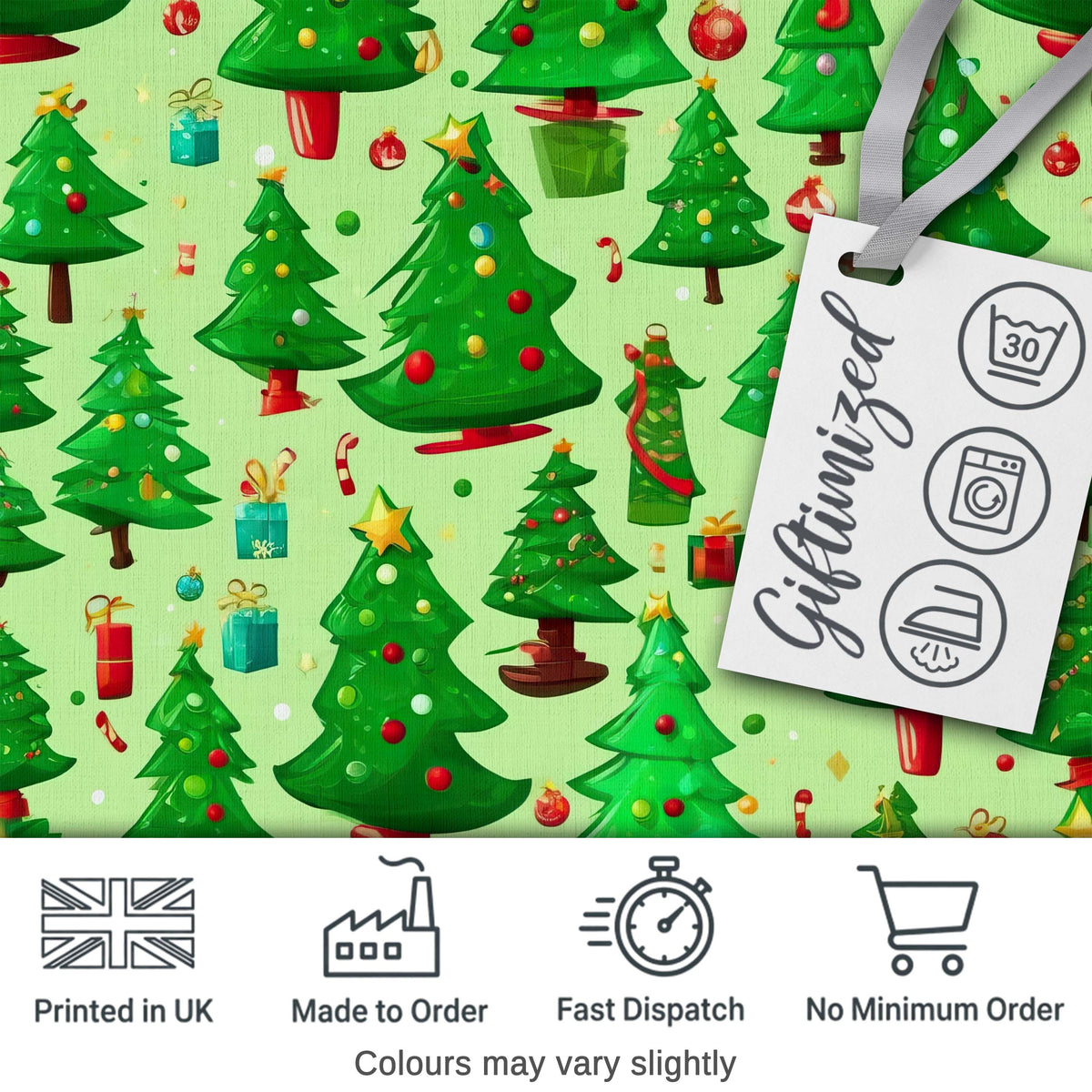 Whimsical Christmas Trees Gifts Ornaments Festive Seamless Pattern Digital Print Fabric by the Metre UK Sewing Quilting Textile
