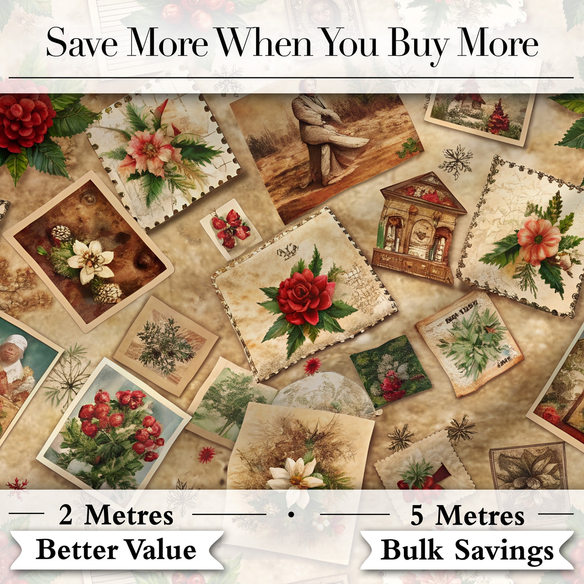 Vintage Christmas Postcards Floral Letters Collage Seamless Pattern Digital Print Fabric by the Metre UK Sewing Quilting Textile
