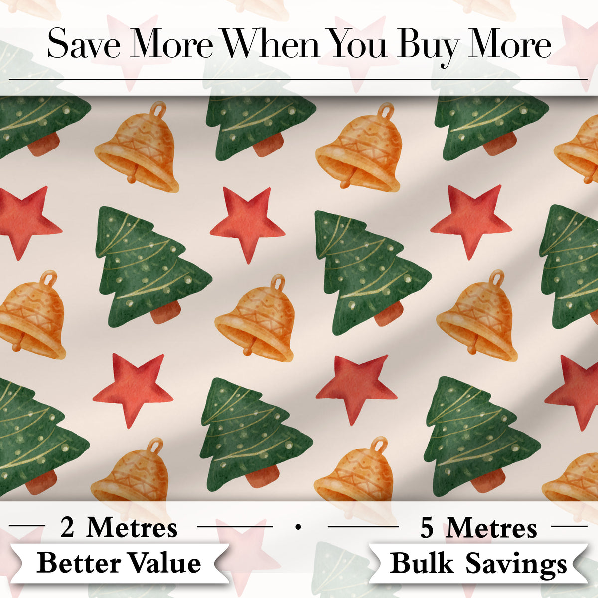 Watercolor Christmas Bells Stars and Trees Seamless Pattern Digital Print Fabric by the Metre UK Sewing Quilting Textile