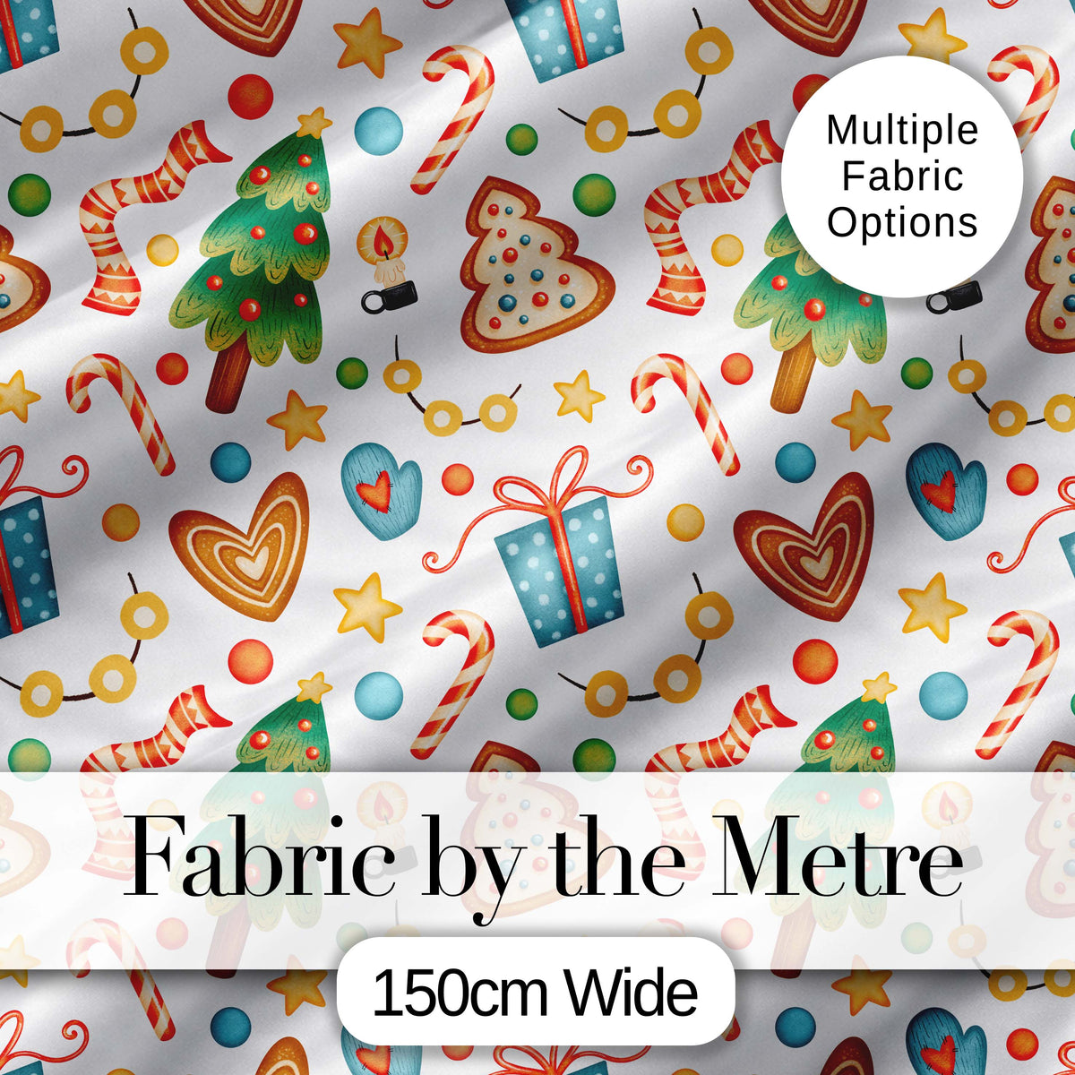Cute Christmas Cookies Candy Canes Gifts and Tree Seamless Pattern Digital Print Fabric by the Metre UK Sewing Quilting Textile